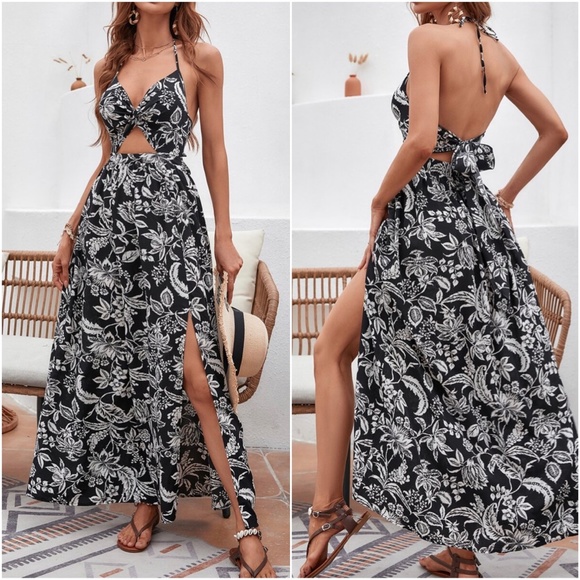 Boho Blue Floral Print Cut out Halter Maxi Dress - Picture 4 of 9